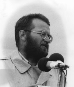 Willem verf achter de mikrofoan by de betinking fan de Slach by Warns