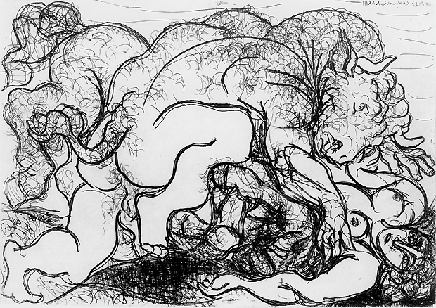 picasso, minotaure attaquant une amazoen, ets op papier, 1933